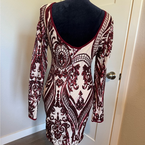 Gorgeous Windsor Deep Red and Nude Long Sleeve Sequin Dress - Picture 2 of 5